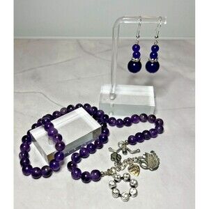 Amethyst Bead Necklace & Amethyst/Rhinestone Earring Set, (0133)